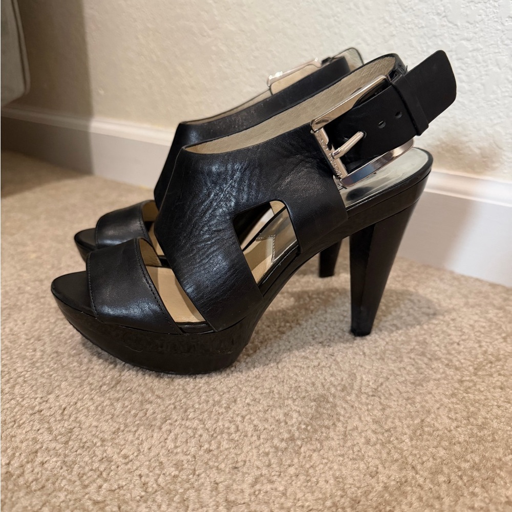 Michael Kors Black Leather Heels with Silver Buckle